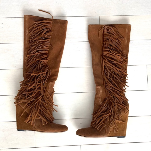 ALDO Fringe Wedge Boots - Cognac Brown Faux Suede - Size 36 - Picture 2 of 14